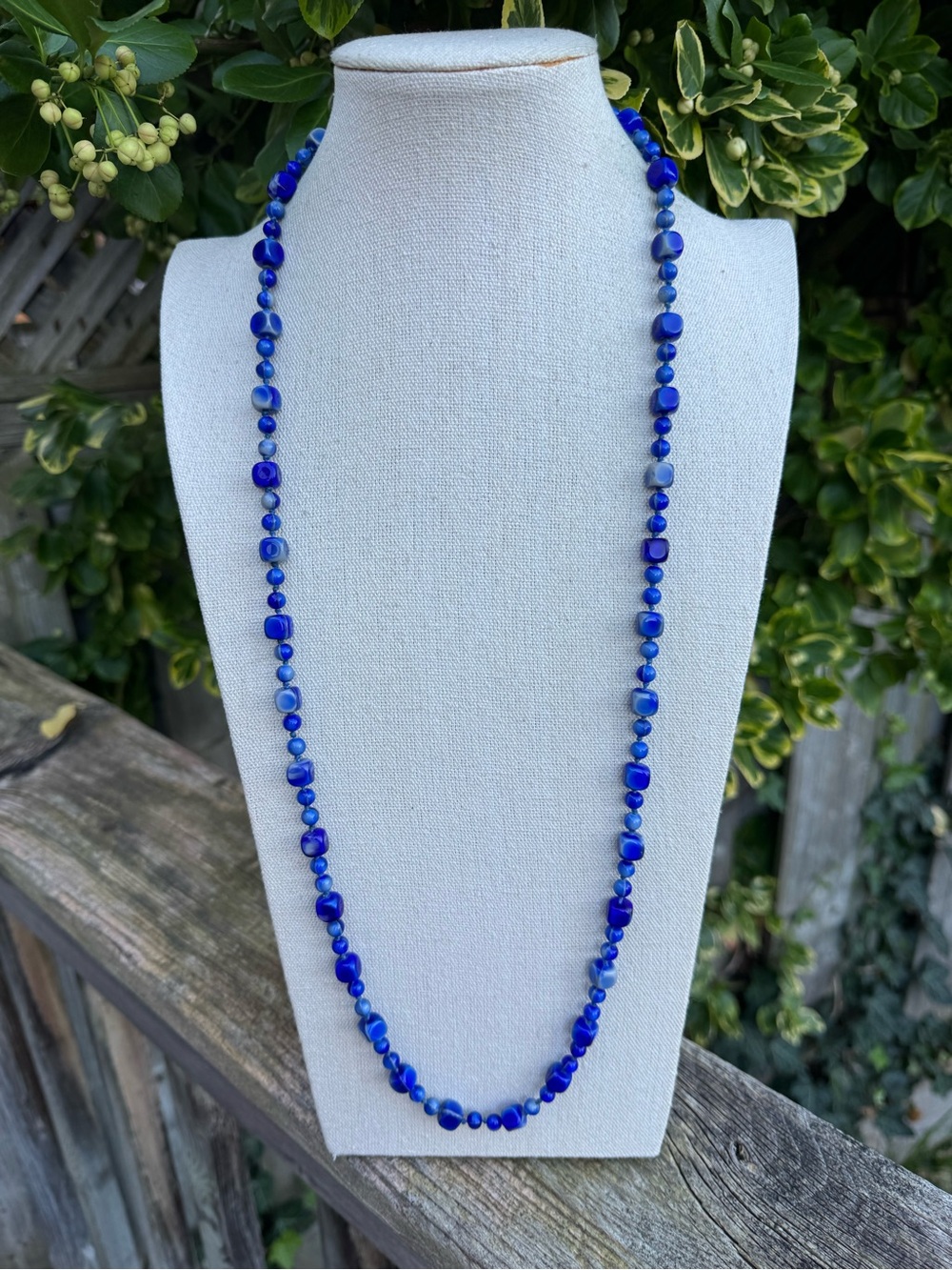 Cobalt Blue Beaded Necklace - Cubed and Round Beads with Barrel Clasp
